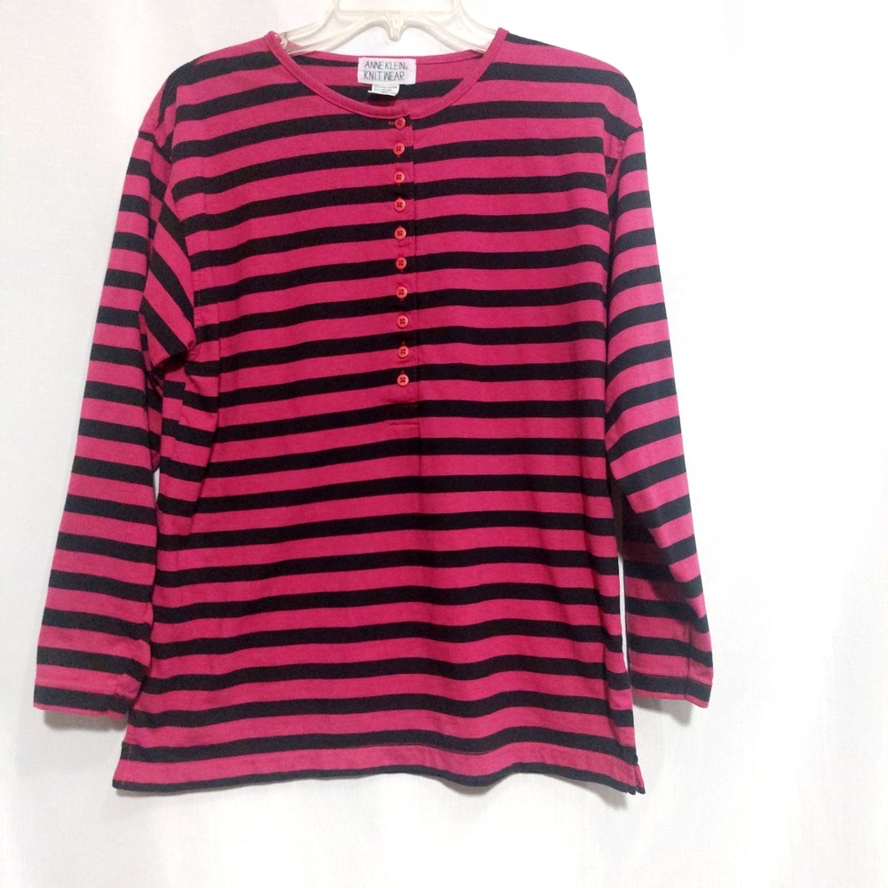 VTG Anne Klein Womens L Knit Wear Henley Top Magenta Black Button Front Y2K